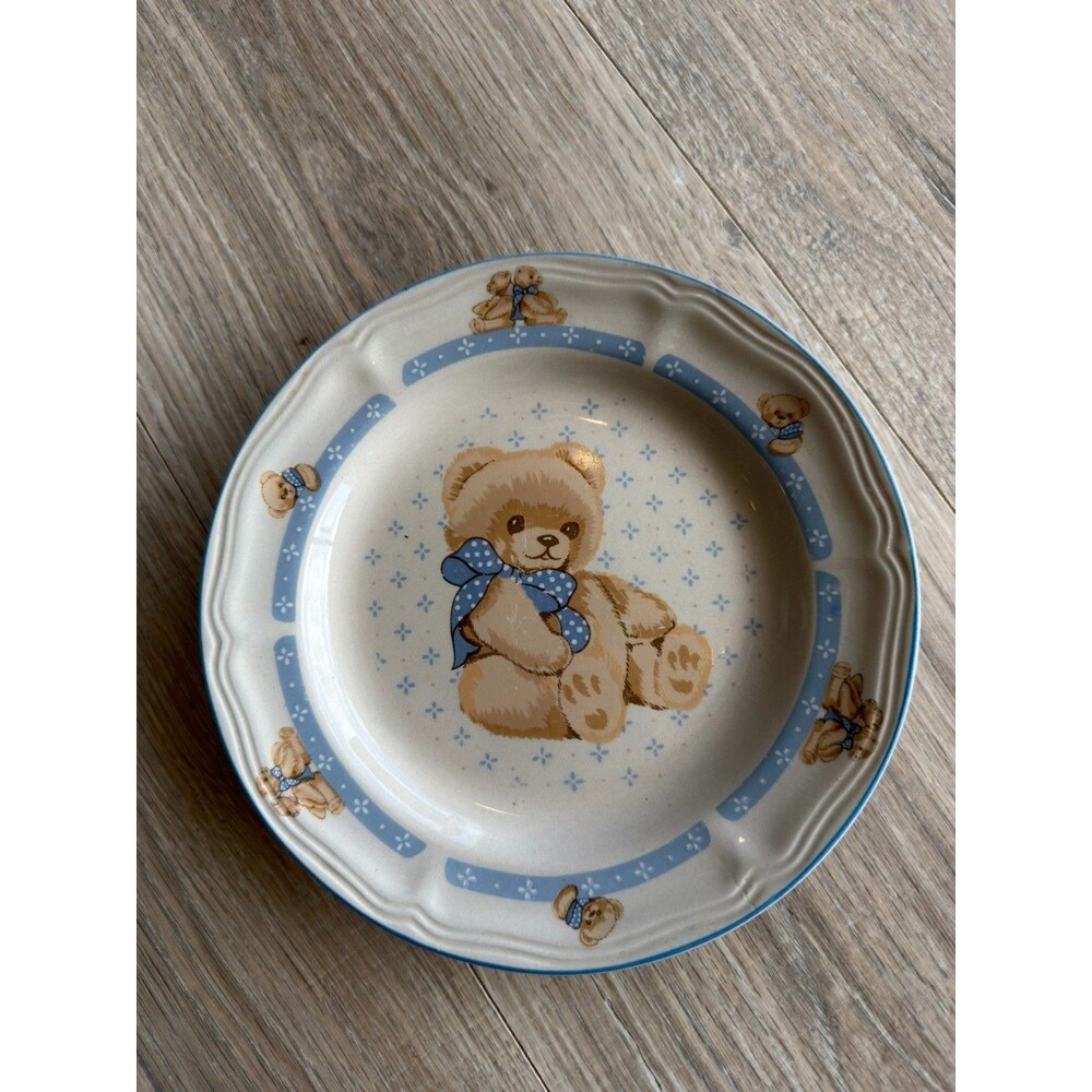 Tienshan Teddy Bear Dessert Plate Blue Bow Stoneware VTG Replacement Cottagecore